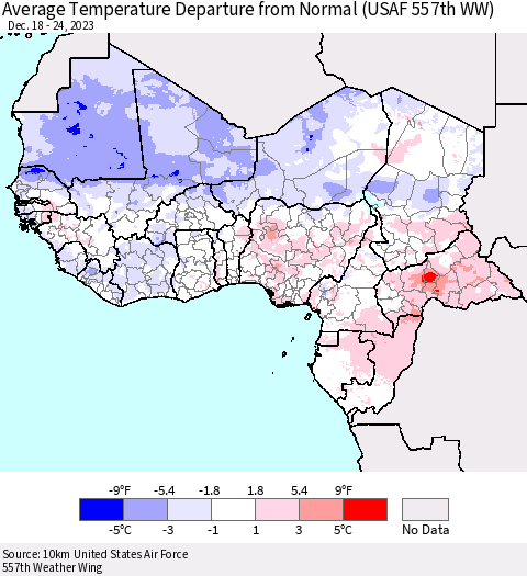 Western Africa Average Temperature Departure from Normal (USAF 557th WW) Thematic Map For 12/18/2023 - 12/24/2023