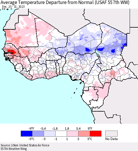 Western Africa Average Temperature Departure from Normal (USAF 557th WW) Thematic Map For 12/25/2023 - 12/31/2023