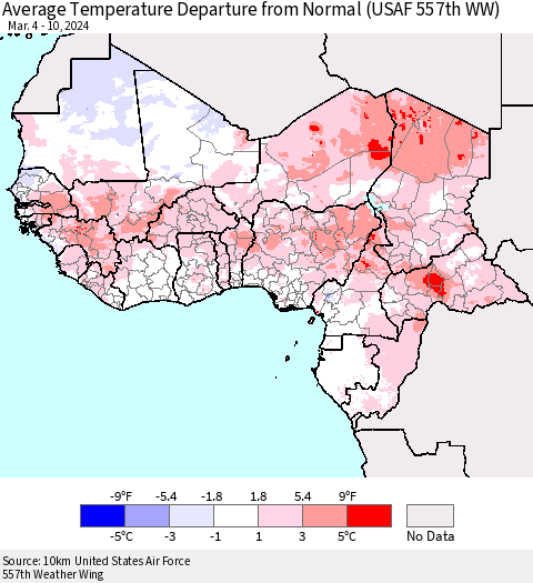 Western Africa Average Temperature Departure from Normal (USAF 557th WW) Thematic Map For 3/4/2024 - 3/10/2024
