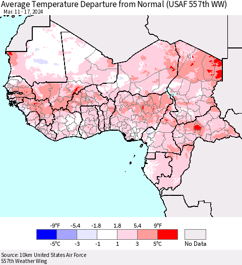 Western Africa Average Temperature Departure from Normal (USAF 557th WW) Thematic Map For 3/11/2024 - 3/17/2024