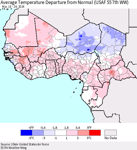 Western Africa Average Temperature Departure from Normal (USAF 557th WW) Thematic Map For 3/18/2024 - 3/24/2024