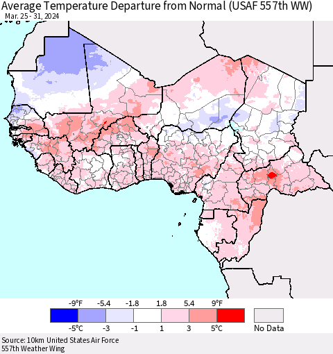 Western Africa Average Temperature Departure from Normal (USAF 557th WW) Thematic Map For 3/25/2024 - 3/31/2024