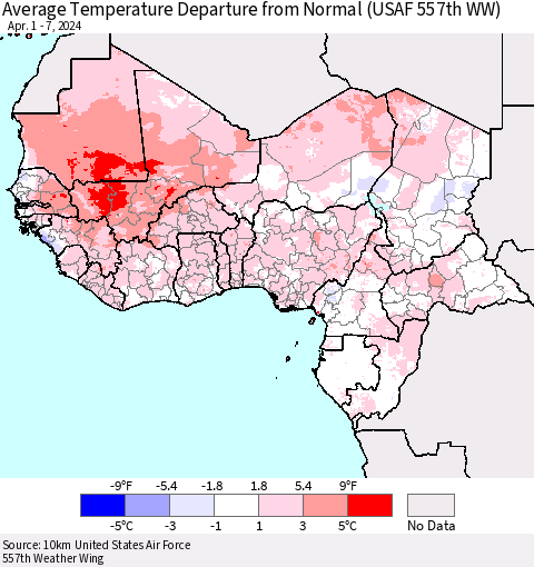 Western Africa Average Temperature Departure from Normal (USAF 557th WW) Thematic Map For 4/1/2024 - 4/7/2024