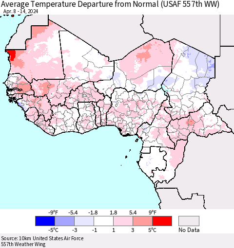 Western Africa Average Temperature Departure from Normal (USAF 557th WW) Thematic Map For 4/8/2024 - 4/14/2024