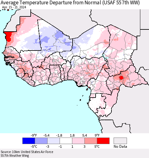 Western Africa Average Temperature Departure from Normal (USAF 557th WW) Thematic Map For 4/15/2024 - 4/21/2024