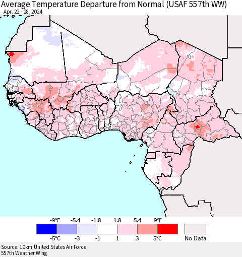 Western Africa Average Temperature Departure from Normal (USAF 557th WW) Thematic Map For 4/22/2024 - 4/28/2024