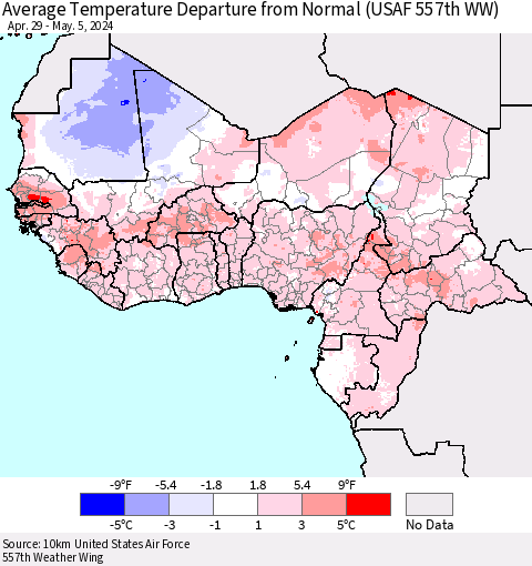 Western Africa Average Temperature Departure from Normal (USAF 557th WW) Thematic Map For 4/29/2024 - 5/5/2024