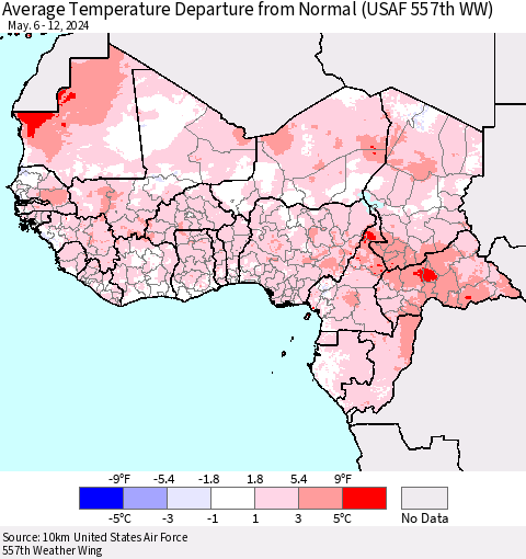 Western Africa Average Temperature Departure from Normal (USAF 557th WW) Thematic Map For 5/6/2024 - 5/12/2024