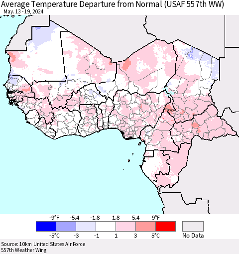 Western Africa Average Temperature Departure from Normal (USAF 557th WW) Thematic Map For 5/13/2024 - 5/19/2024