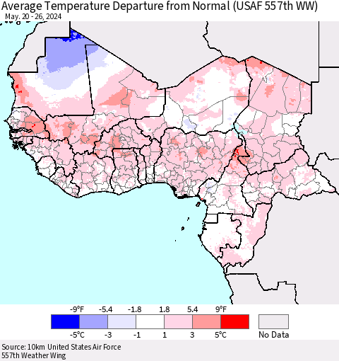 Western Africa Average Temperature Departure from Normal (USAF 557th WW) Thematic Map For 5/20/2024 - 5/26/2024