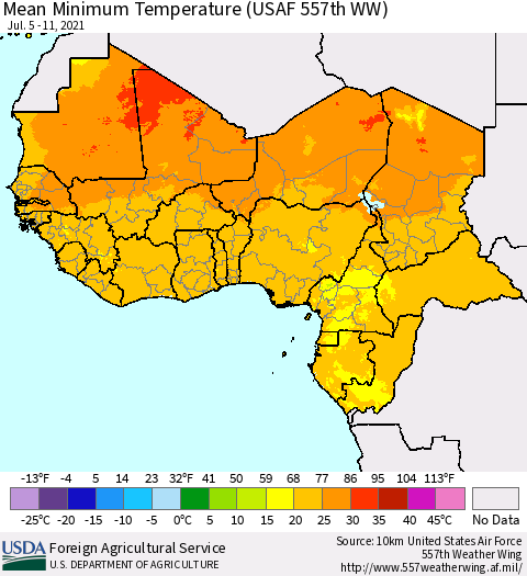 Western Africa Mean Minimum Temperature (USAF 557th WW) Thematic Map For 7/5/2021 - 7/11/2021