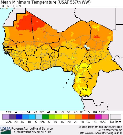 Western Africa Mean Minimum Temperature (USAF 557th WW) Thematic Map For 7/12/2021 - 7/18/2021