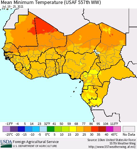 Western Africa Mean Minimum Temperature (USAF 557th WW) Thematic Map For 7/19/2021 - 7/25/2021