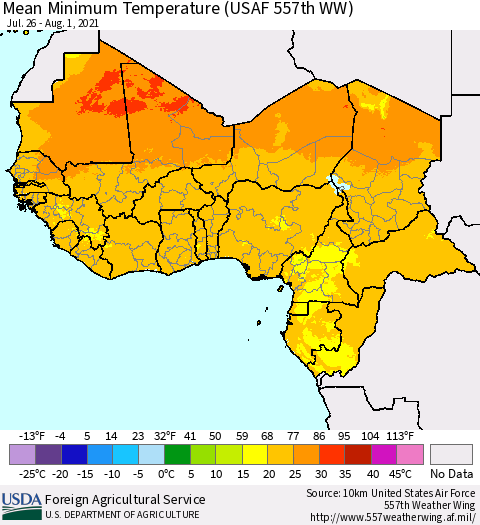 Western Africa Mean Minimum Temperature (USAF 557th WW) Thematic Map For 7/26/2021 - 8/1/2021