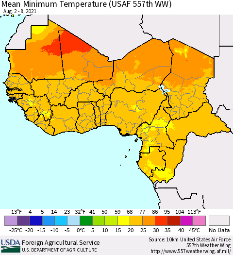 Western Africa Mean Minimum Temperature (USAF 557th WW) Thematic Map For 8/2/2021 - 8/8/2021