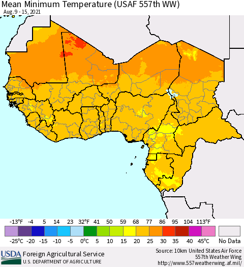 Western Africa Mean Minimum Temperature (USAF 557th WW) Thematic Map For 8/9/2021 - 8/15/2021