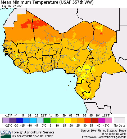 Western Africa Mean Minimum Temperature (USAF 557th WW) Thematic Map For 8/16/2021 - 8/22/2021