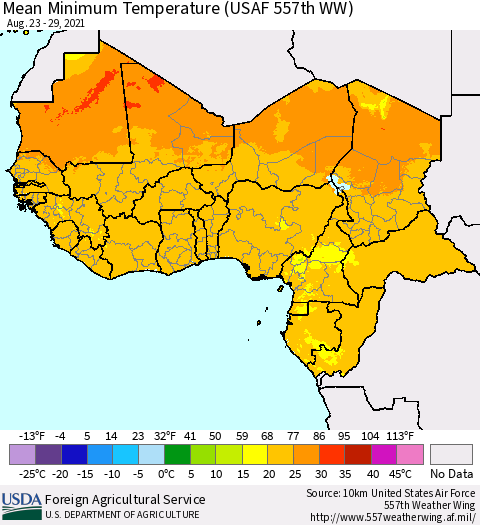 Western Africa Mean Minimum Temperature (USAF 557th WW) Thematic Map For 8/23/2021 - 8/29/2021