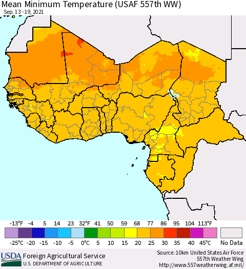 Western Africa Mean Minimum Temperature (USAF 557th WW) Thematic Map For 9/13/2021 - 9/19/2021