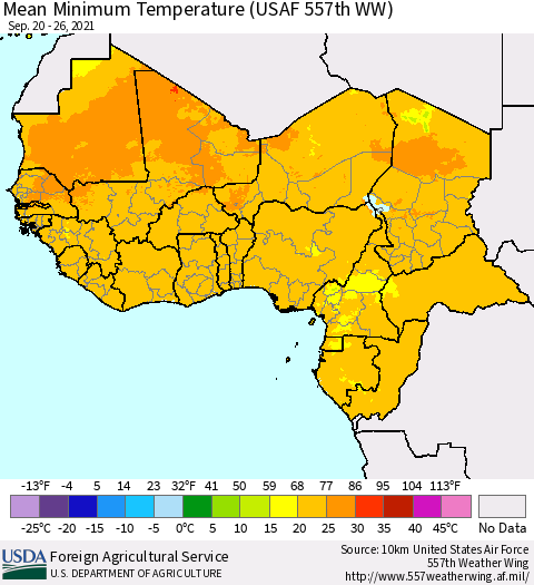 Western Africa Mean Minimum Temperature (USAF 557th WW) Thematic Map For 9/20/2021 - 9/26/2021
