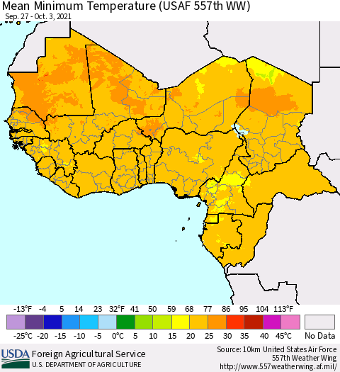 Western Africa Mean Minimum Temperature (USAF 557th WW) Thematic Map For 9/27/2021 - 10/3/2021