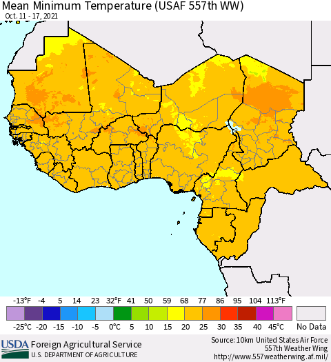 Western Africa Mean Minimum Temperature (USAF 557th WW) Thematic Map For 10/11/2021 - 10/17/2021