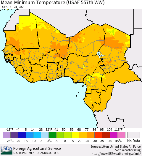 Western Africa Mean Minimum Temperature (USAF 557th WW) Thematic Map For 10/18/2021 - 10/24/2021