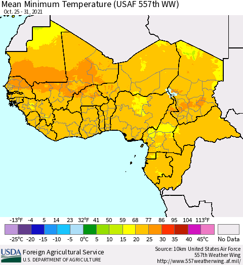 Western Africa Mean Minimum Temperature (USAF 557th WW) Thematic Map For 10/25/2021 - 10/31/2021