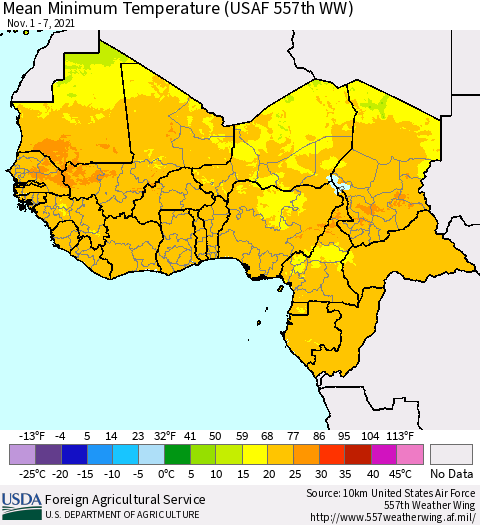 Western Africa Mean Minimum Temperature (USAF 557th WW) Thematic Map For 11/1/2021 - 11/7/2021