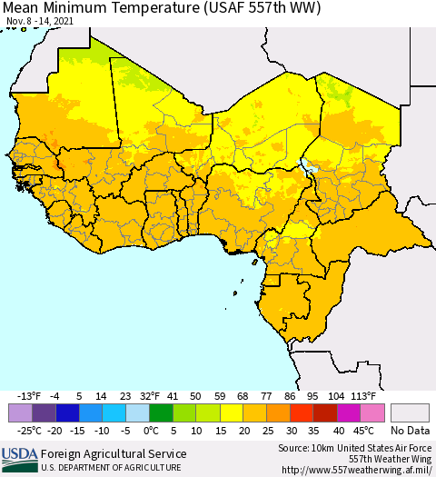 Western Africa Mean Minimum Temperature (USAF 557th WW) Thematic Map For 11/8/2021 - 11/14/2021