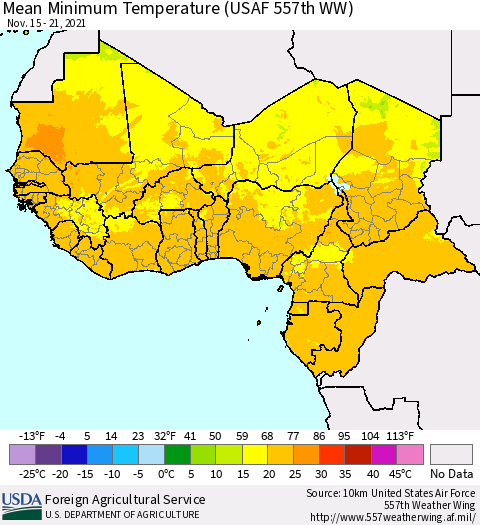Western Africa Mean Minimum Temperature (USAF 557th WW) Thematic Map For 11/15/2021 - 11/21/2021