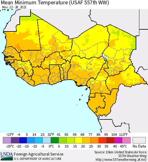 Western Africa Mean Minimum Temperature (USAF 557th WW) Thematic Map For 11/22/2021 - 11/28/2021