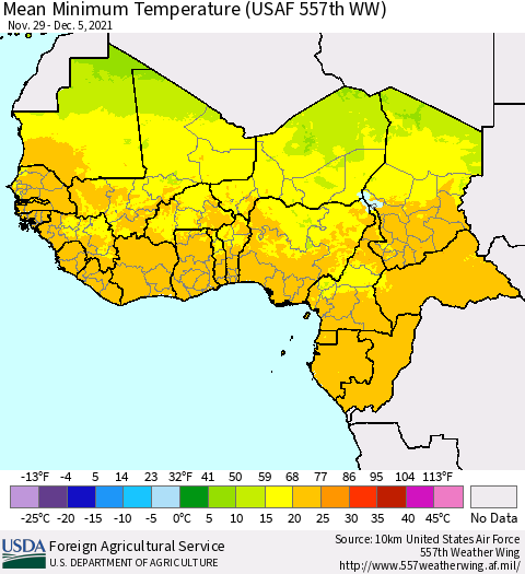 Western Africa Mean Minimum Temperature (USAF 557th WW) Thematic Map For 11/29/2021 - 12/5/2021