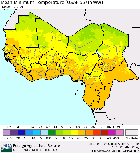 Western Africa Mean Minimum Temperature (USAF 557th WW) Thematic Map For 12/6/2021 - 12/12/2021