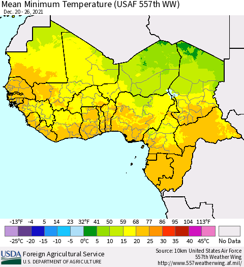 Western Africa Mean Minimum Temperature (USAF 557th WW) Thematic Map For 12/20/2021 - 12/26/2021