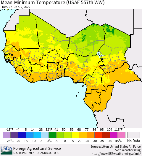 Western Africa Mean Minimum Temperature (USAF 557th WW) Thematic Map For 12/27/2021 - 1/2/2022