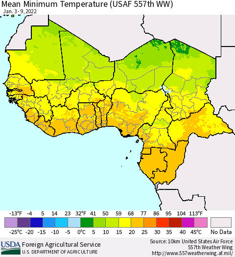 Western Africa Mean Minimum Temperature (USAF 557th WW) Thematic Map For 1/3/2022 - 1/9/2022