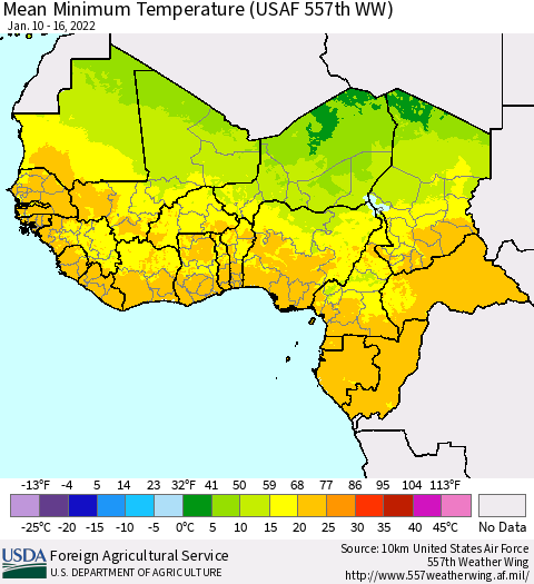 Western Africa Mean Minimum Temperature (USAF 557th WW) Thematic Map For 1/10/2022 - 1/16/2022