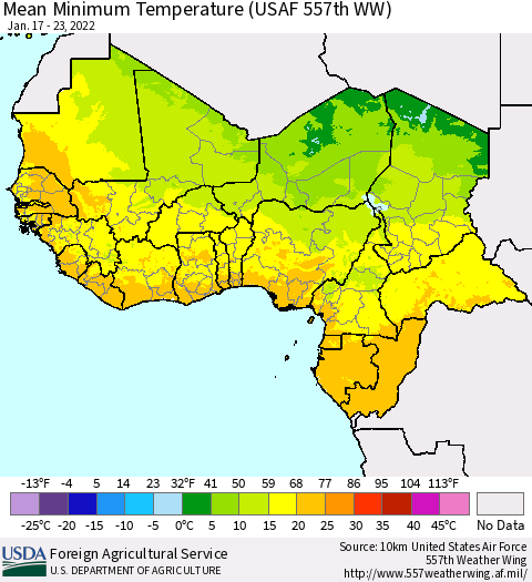 Western Africa Mean Minimum Temperature (USAF 557th WW) Thematic Map For 1/17/2022 - 1/23/2022
