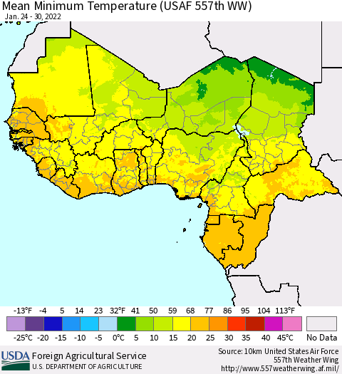 Western Africa Mean Minimum Temperature (USAF 557th WW) Thematic Map For 1/24/2022 - 1/30/2022