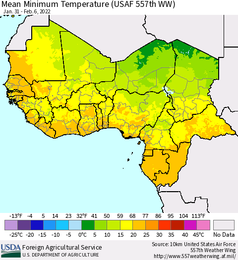Western Africa Mean Minimum Temperature (USAF 557th WW) Thematic Map For 1/31/2022 - 2/6/2022