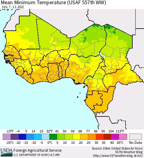 Western Africa Mean Minimum Temperature (USAF 557th WW) Thematic Map For 2/7/2022 - 2/13/2022