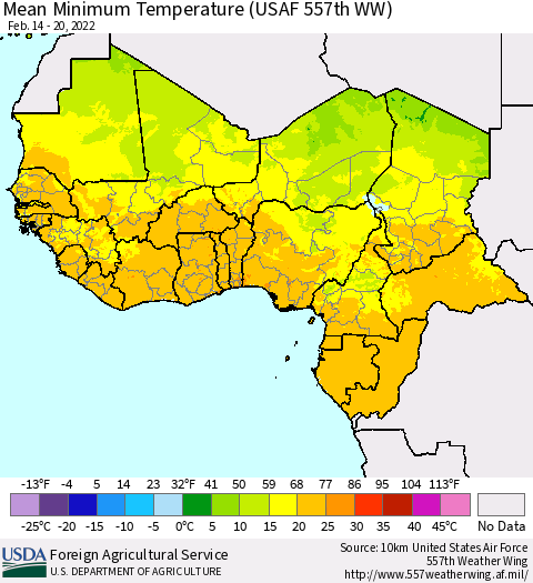 Western Africa Mean Minimum Temperature (USAF 557th WW) Thematic Map For 2/14/2022 - 2/20/2022