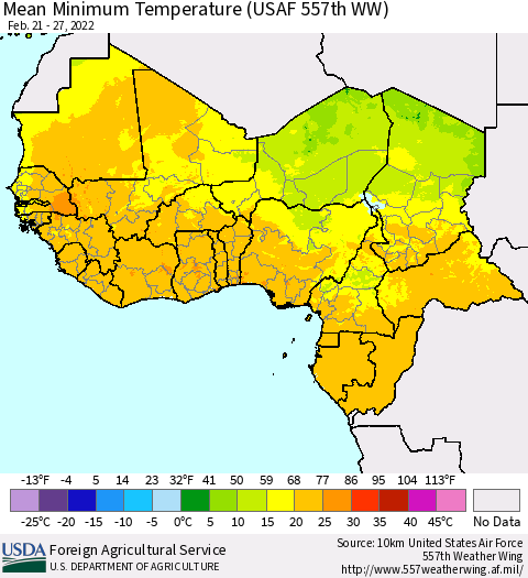 Western Africa Mean Minimum Temperature (USAF 557th WW) Thematic Map For 2/21/2022 - 2/27/2022