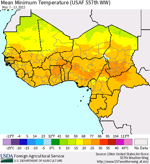 Western Africa Mean Minimum Temperature (USAF 557th WW) Thematic Map For 3/7/2022 - 3/13/2022
