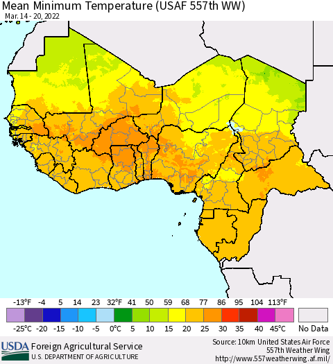 Western Africa Mean Minimum Temperature (USAF 557th WW) Thematic Map For 3/14/2022 - 3/20/2022