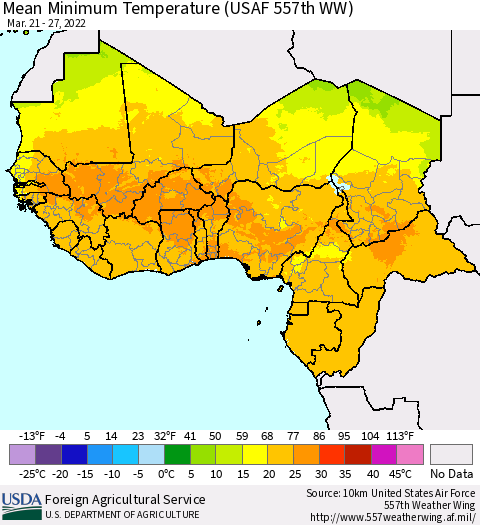 Western Africa Mean Minimum Temperature (USAF 557th WW) Thematic Map For 3/21/2022 - 3/27/2022