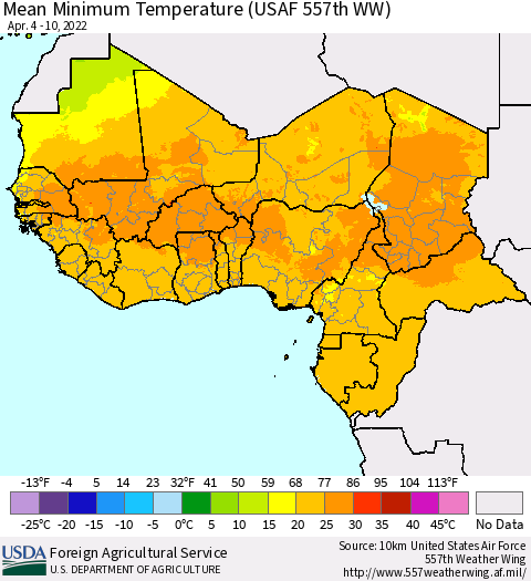 Western Africa Mean Minimum Temperature (USAF 557th WW) Thematic Map For 4/4/2022 - 4/10/2022