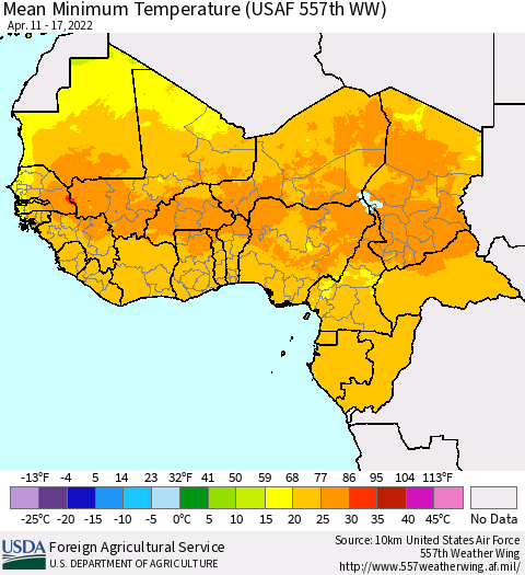 Western Africa Mean Minimum Temperature (USAF 557th WW) Thematic Map For 4/11/2022 - 4/17/2022