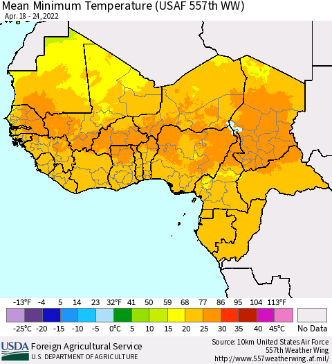 Western Africa Mean Minimum Temperature (USAF 557th WW) Thematic Map For 4/18/2022 - 4/24/2022